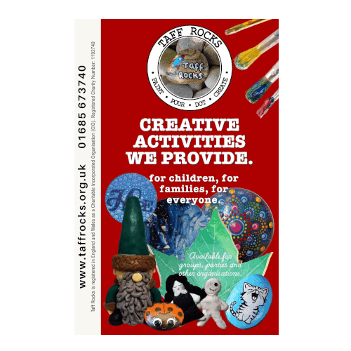 Advertisement for Taff Rocks featuring painted stones, a gnome, and craft supplies. Text highlights creative activities for children, families, and groups.