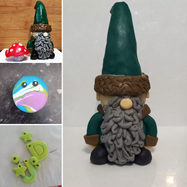 A collage features a polymer clay gnome with a tall green hat, a red mushroom figurine, a colourful thumb stone with a smiling face, and green clay letters and stars.