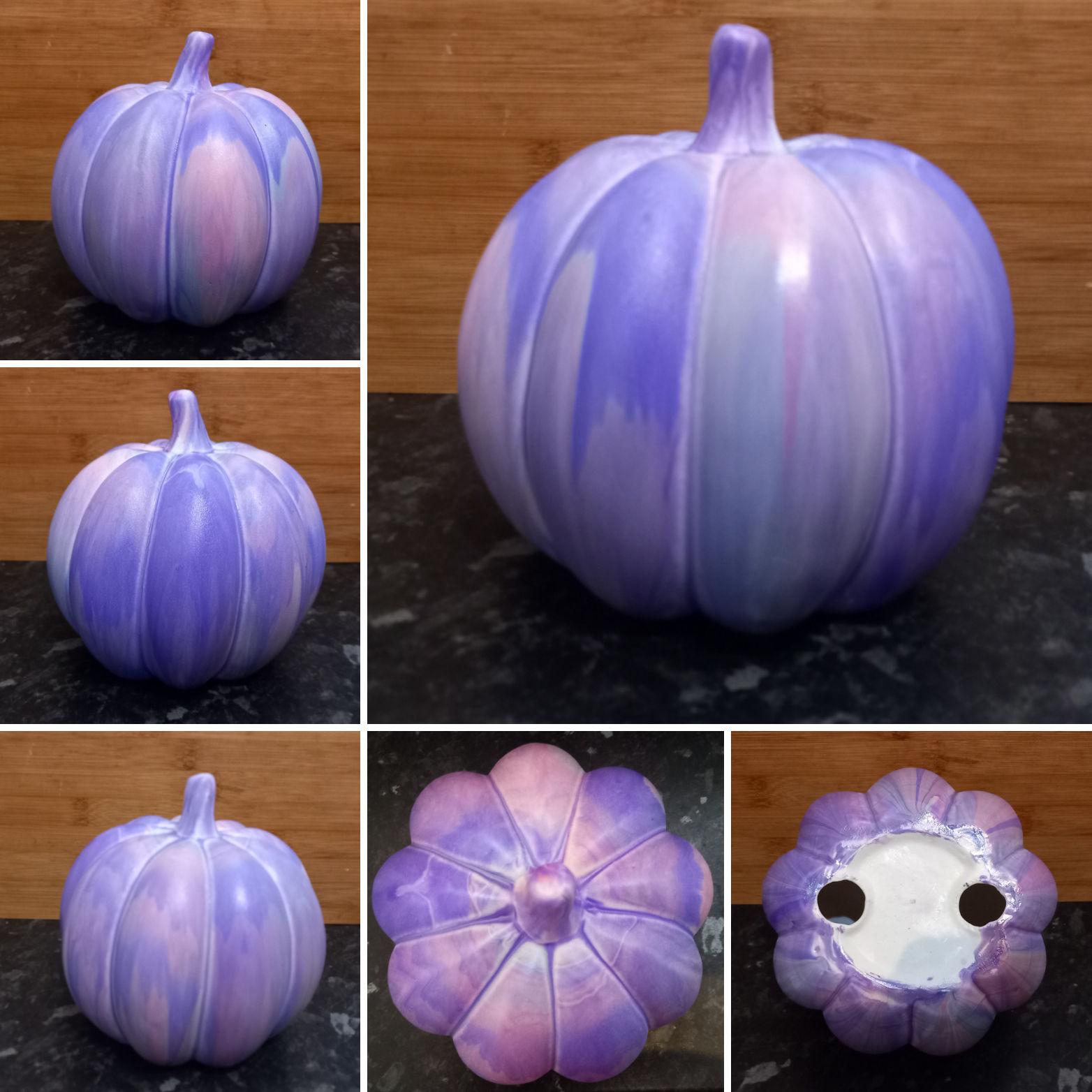 Ceramic pumpkin with a smooth, glossy finish poured in pastel purple and pink hues. Multiple angles show the top view and a flat base with holes.