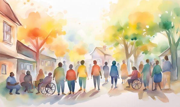 A vibrant watercolour depicts a diverse community of people, some in wheelchairs, walking through a sunny neighbourhood with colourful trees and houses, conveying unity and inclusion.