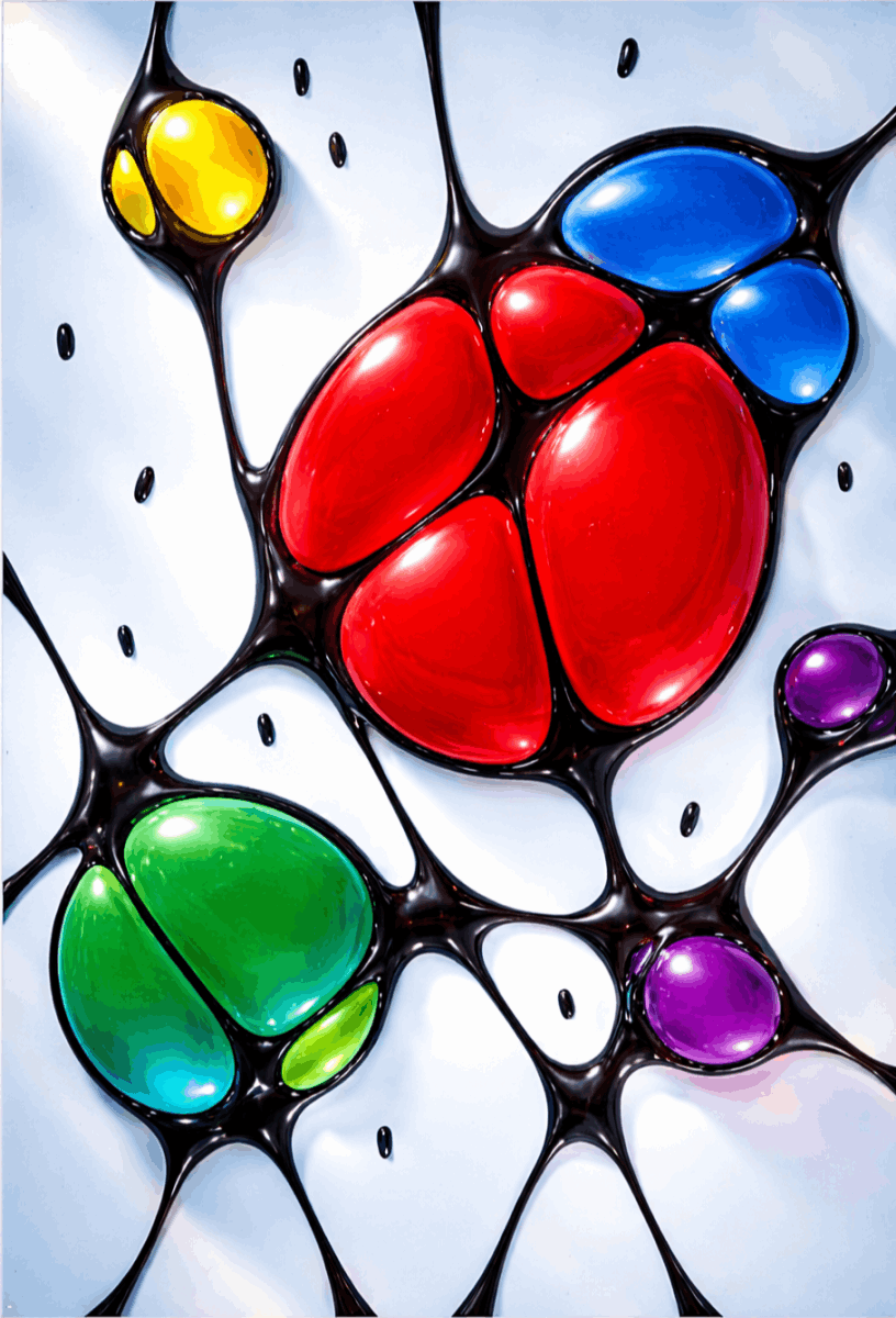 Abstract neurographic art of bold, glossy shapes: large red, green, blue, and purple ovals connected by black web-like lines on a white background.
