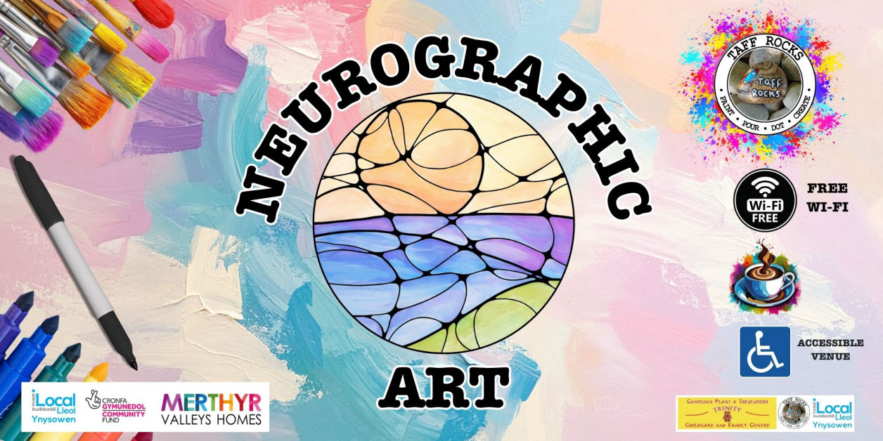 Colourful brushes and markers on a pastel background surround the words Neurographic Art, with an abstract circular design in the centre. Nearby are logos and icons indicating free Wi-Fi and accessibility. Bright, creative, and inclusive atmosphere.