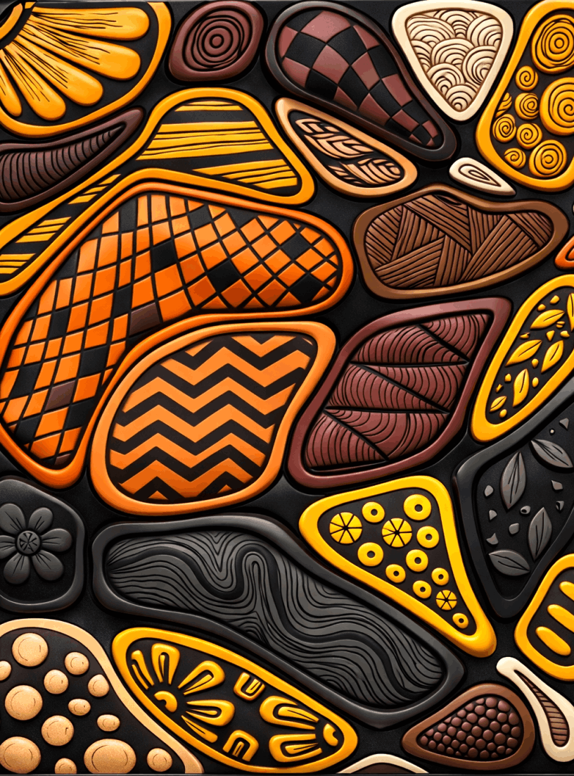 Abstract neuro tangle art with geometric patterns and earthy tones. Shapes include chevrons, swirls, and spirals in orange, brown, and yellow hues.