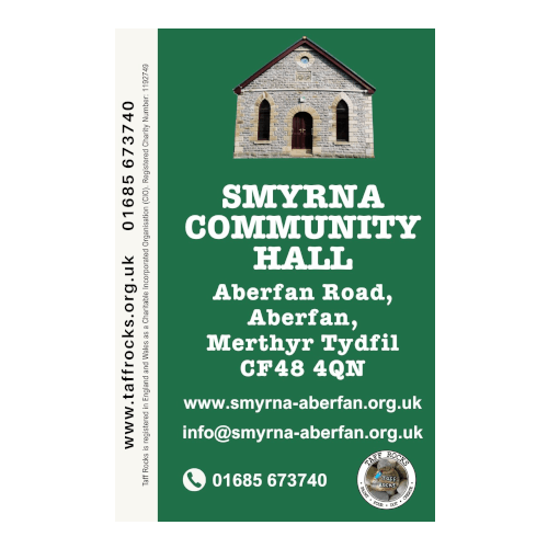 Green brochure for Smyrna Community Hall with church image. Lists address, website, and contact info. Clean, informative design.