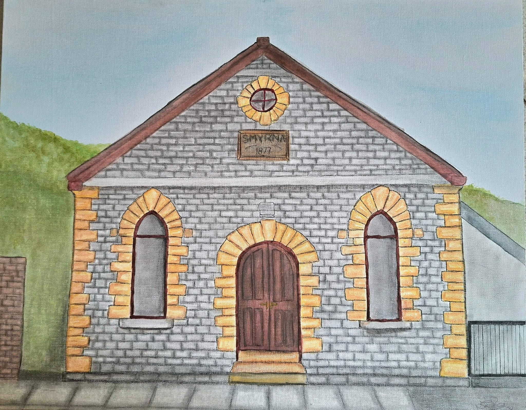 A watercolour painting of Smyrna by Nicola Hill, a quaint grey stone chapel with arched windows and a wooden door, labelled "Smyrna 1878." Set against a serene hillside under a clear sky.