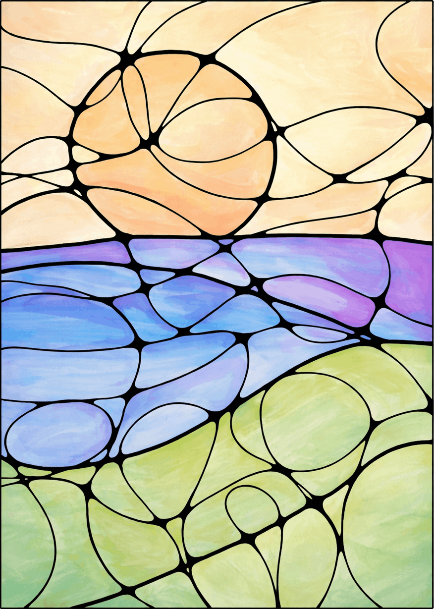 Abstract neurographic landscape artwork in watercolour with sun setting over a calm sea. Features warm oranges, blues, purples, and greens, conveying tranquillity.