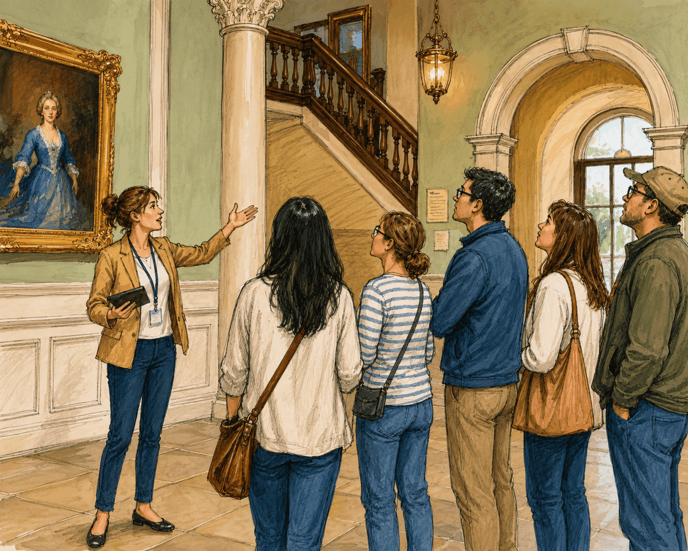 A guide gestures towards a portrait in a grand hall with a group of attentive visitors. The mood is educational and engaging.