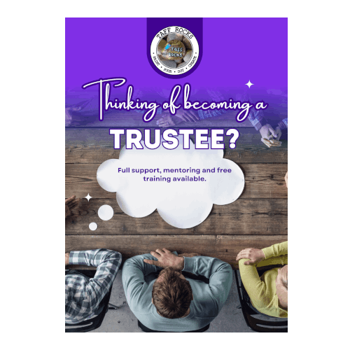 Purple-themed brochure with bold text: 