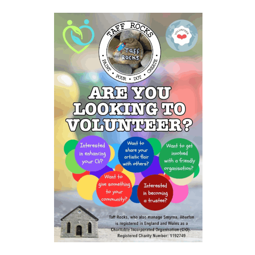 Colourful volunteer recruitment poster for Taff Rocks. Features circles with questions about volunteering, including enhancing your CV and becoming a trustee.