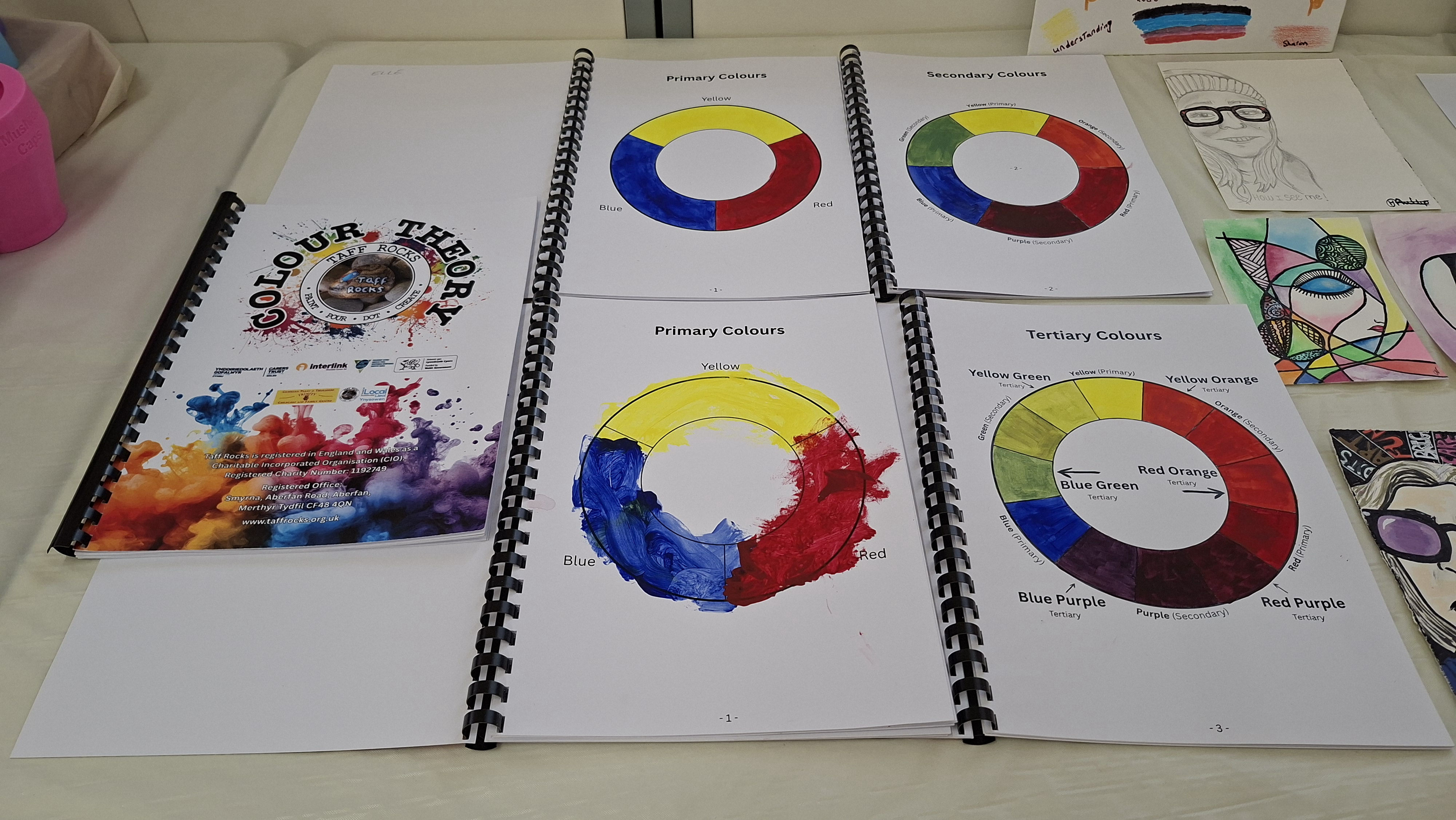 Spiral-bound colour theory book pages displaying vivid colour wheels labelled "Primary," "Secondary," and "Tertiary Colours." The setup is artistic and educational.