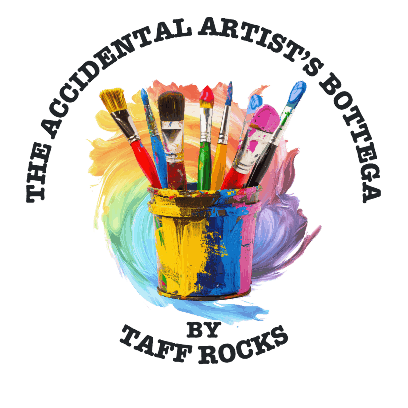 Paintbrushes in a vibrant, paint-splattered jar with colourful swirls behind. Text reads The Accidental Artist's Bottega by Taff Rocks around the image.