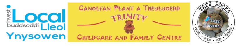 Logos of Invest Local Ynysowen, Trinity Childcare and Family Centre with a teddy bear, and Taff Rocks with painted stones, each on a distinct background.