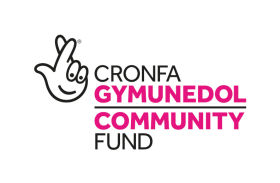 Logo for the Cronfa Gymunedol Community Fund featuring the National Lottery hand symbol and bold pink and black text on a light grey background.