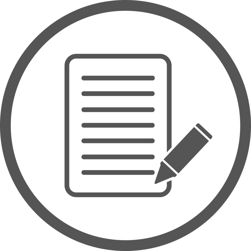 Icon of a grey document with lines and a pencil in a circular border on a black background, suggesting writing or editing.