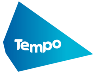 Blue geometric shape with the word “Tempo” in white, bold, rounded letters positioned in the center of the shape.