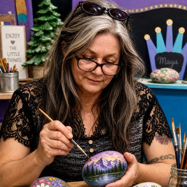 An image of Nicola with her glasses painting a scenic landscape on a rock, surrounded by art supplies. Background includes a sign reading "Enjoy the Little Things."